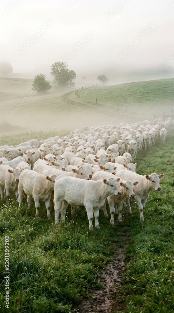 Fototapeta premium Herd of White Charolais Cattle Walking Through Misty Green Pasture at Dawn