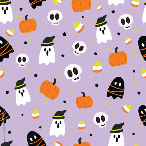 Cute Halloween seamless pattern with ghosts wearing witch hats