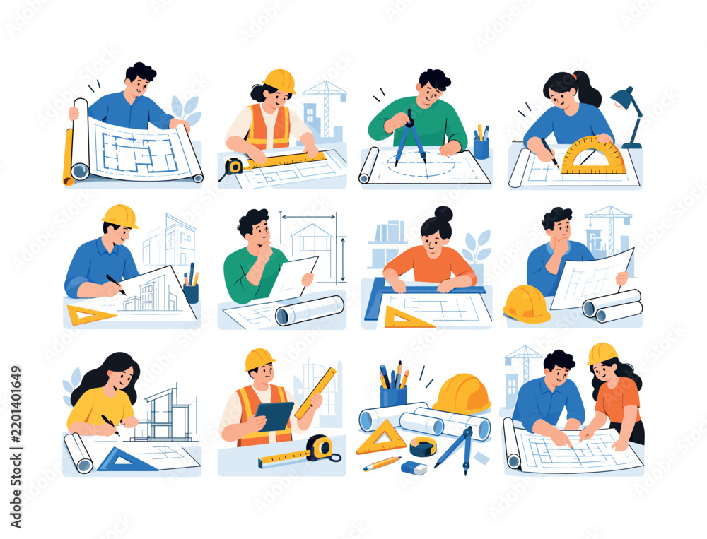 Fototapeta premium Construction Drafting Tools. Blueprints, rulers, compasses, drafting, protractors, engineering, buildings, design tools and technical projects. 12 minimalist editorial vector scenes: Architect opens a