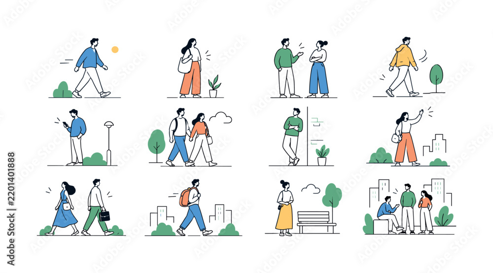Fototapeta premium Everyday Human Movement. Diverse people, groups, daily poses, movement, standing figures and architectural renderings. 12 minimalist editorial vector scenes: Person walks forward, Figure stands with a