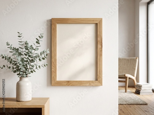 simple vertical wood frame mockup for artwork white wall eucalyptus minimal interior  
