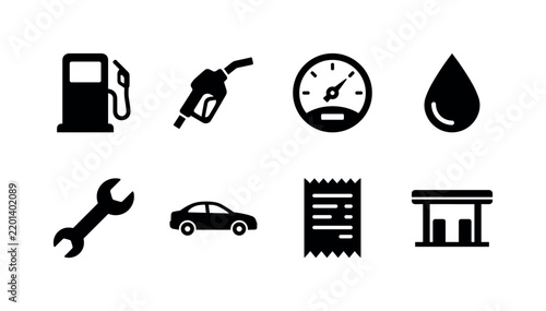 Gas Station Service, solid glyph icon set featuring fuel pump, gasoline nozzle, car, fuel gauge, oil drop, receipt, wrench, station canopy, covering gas station, refueling, automotive service, fuel