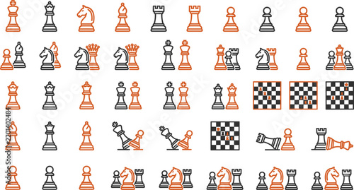 Bild auf Leinwand Chess pieces line icons set containing strategy game boards elements collection