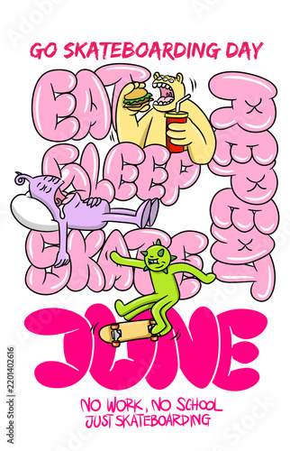 An illustration of the celebration of World Skateboard Day with cute monster figures depicting activities in accordance with the motto of World Skateboard Day.