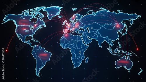 Glowing digital world map showing global network connections and data exchange