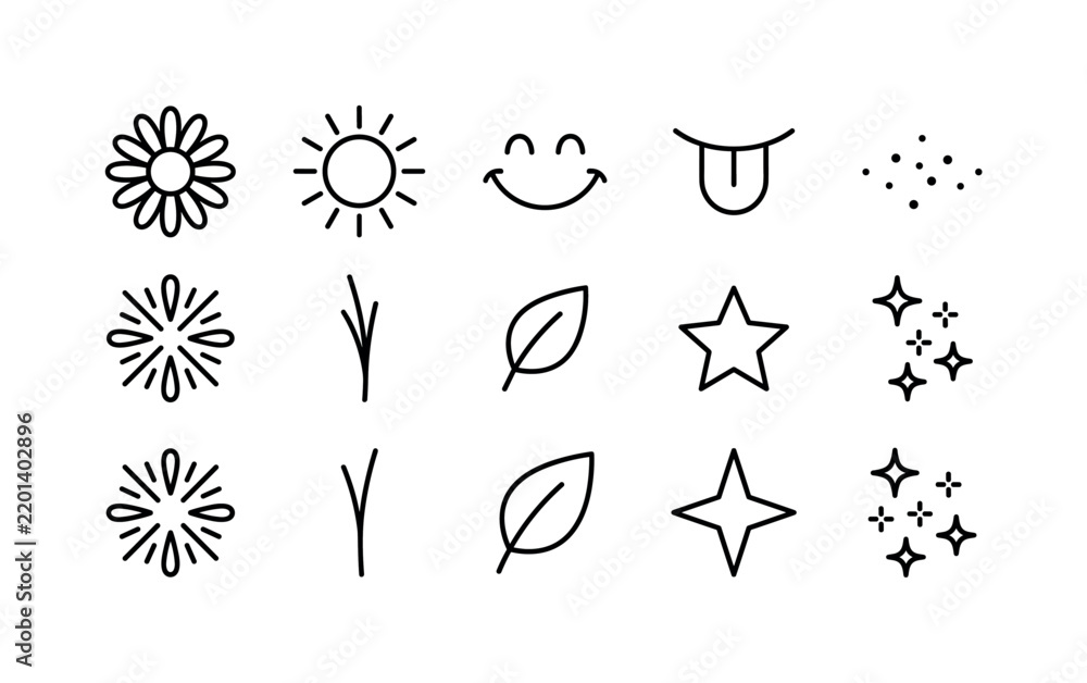Fototapeta premium Playful Daisy Symbols, line icon set featuring daisy, sun, smile symbol without face, tongue shape, freckle dots, petal burst, flower stem, leaf, summer star and cheerful sparkle, covering playful