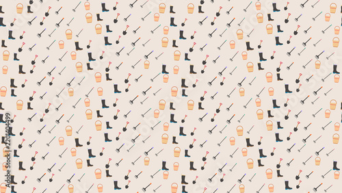 Gardening tools and boots seamless pattern