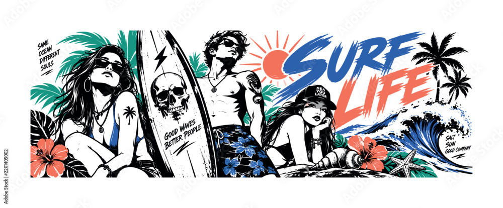 Fototapeta premium Surf Lifestyle Keywords — clean editorial banner with 3 expressive stylized surf characters, oversized surfboard, skull motif, wave, and tropical beach objects, edge-to-edge asymmetric composition;