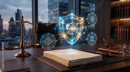Digital security shield glows above legal documents and justice scale