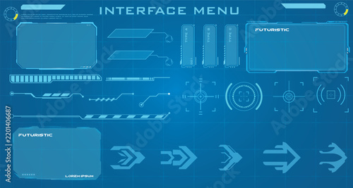 Plakat High Tech HUD Interface Panels and Menu Elements Set featuring futuristic digital display graphics and sci-fi elements