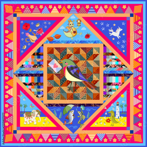 Bird in its beak carries letter. Magic collection of prints. Design for children's scarf, carpet in frame in patchwork style. Cute fish, dino, elephant, crocodile, unicorn among the stars.