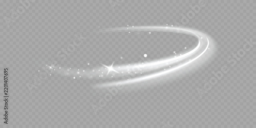 White glowing light trail with sparkles and stardust wave. Curved luminous swirl effect with shining glitter particles isolated on transparent background