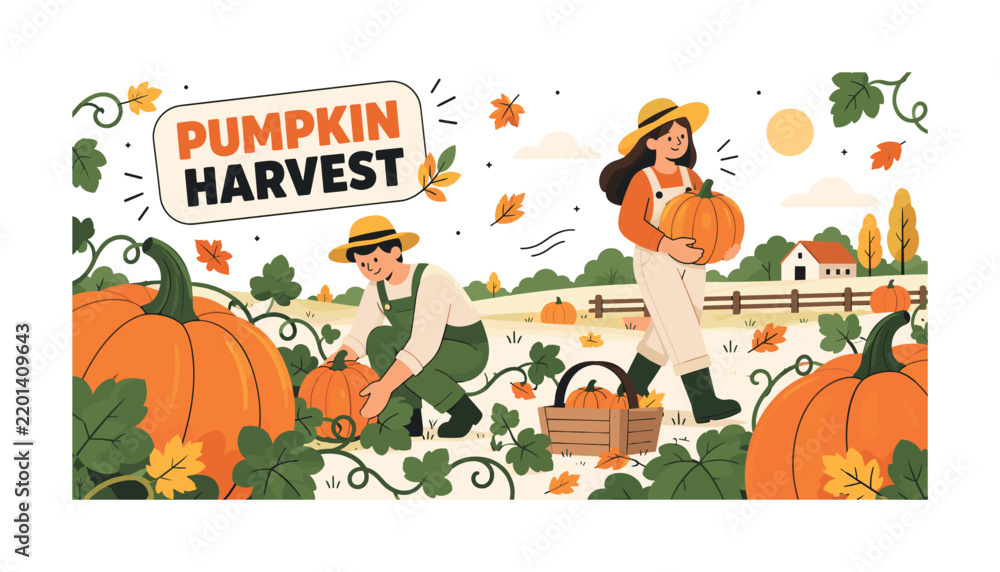 Fototapeta premium Autumn Pumpkin Harvest. Editorial banner scene featuring two oversized pumpkins anchoring opposite lower corners, with two geometric characters harvesting in a simple field, plus curling vines,