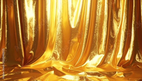 Shiny gold fabric curtain with luxurious theater stage texture