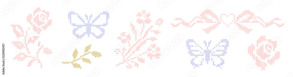 Fototapeta premium cross stitch botanical motifs. Roses, butterflies and a sweet heart ribbon header isolated on white background. Whimsical pixelated embroidery needlework design collection. Cottagecore decor