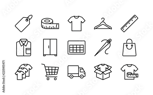Apparel Size Guide, line icon set featuring clothing tag blank, measuring tape, T-shirt, hanger, ruler, folded shirt, wardrobe, size chart card blank, sewing needle and shopping bag, covering clothes