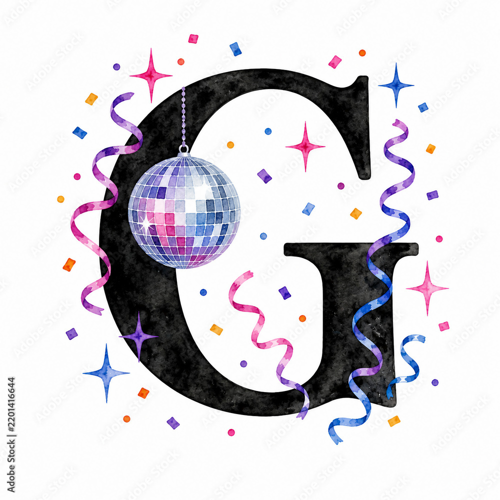 Obraz premium Large black serif initial letter G surrounded by colorful birthday decorations, balloons, confetti, sweets and festive party elements on a clean white background.