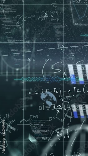 Vertical video: Formulas and grid reacting to lens flare, shifting and revealing flask for analysis