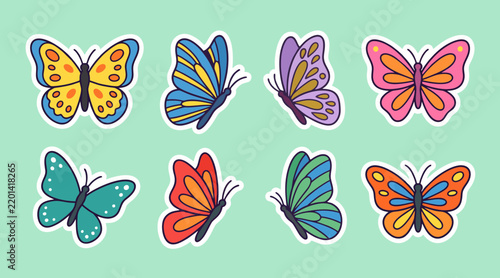 Colorful butterfly sticker set collection featuring vibrant vector illustrations isolated on a soft light green background