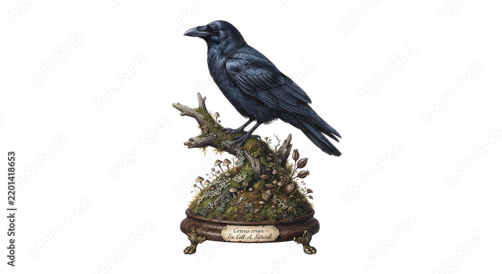 Obraz premium Taxidermy black raven perched on mossy branch museum specimen