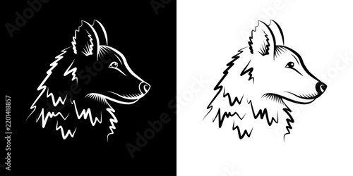 2 versions d’une tête de chien de profil, dessinée en contour filaire, blanc sur fond noir et noir sans  fond - animal correspondant à 1 des 12 signes des l’astrologie chinoise.
