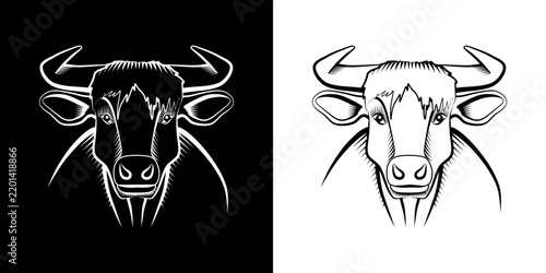 2 versions d’une tête de bœuf de face, dessinée en contour filaire, blanc sur fond noir et noir sans  fond - animal correspondant à 1 des 12 signes des l’astrologie chinoise.
