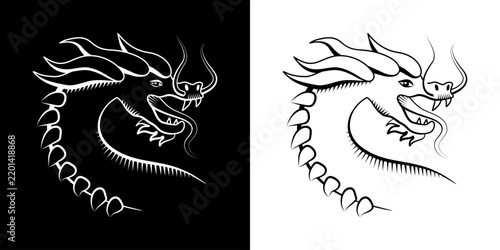 2 versions d’une tête de dragon vue de dessus, dessinée en contour filaire, blanc sur fond noir et noir sans  fond - animal correspondant à 1 des 12 signes des l’astrologie chinoise.
