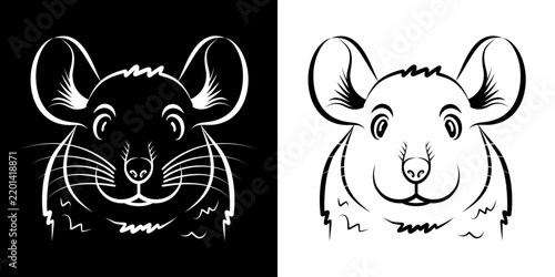 2 versions d’une tête de rat de face, dessinée en contour filaire, blanc sur fond noir et noir sans  fond - animal correspondant à 1 des 12 signes des l’astrologie chinoise.