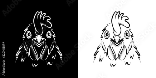 2 versions d’une tête de coq de face, dessinée en contour filaire, blanc sur fond noir et noir sans  fond - animal correspondant à 1 des 12 signes des l’astrologie chinoise.