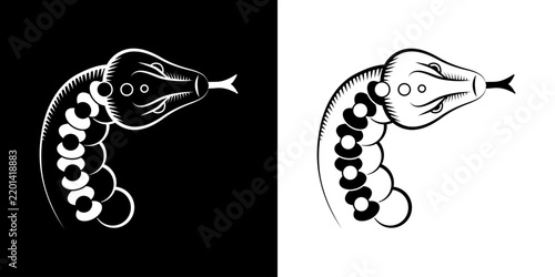 2 versions d’une tête de serpent vue de dessus, dessinée en contour filaire, blanc sur fond noir et noir sans  fond - animal correspondant à 1 des 12 signes des l’astrologie chinoise.
