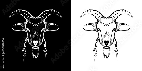 2 versions d’une tête de chèvre de face, dessinée en contour filaire, blanc sur fond noir et noir sans  fond - animal correspondant à 1 des 12 signes des l’astrologie chinoise.
