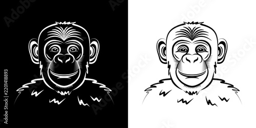 2 versions d’une tête de singe de face, dessinée en contour filaire, blanc sur fond noir et noir sans  fond - animal correspondant à 1 des 12 signes des l’astrologie chinoise.
