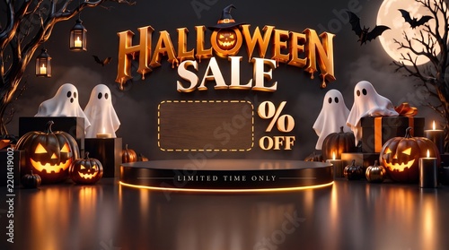  3D Halloween sale promotional banner with product display podium, cute ghosts, glowing pumpkins, and blank discount coupon template