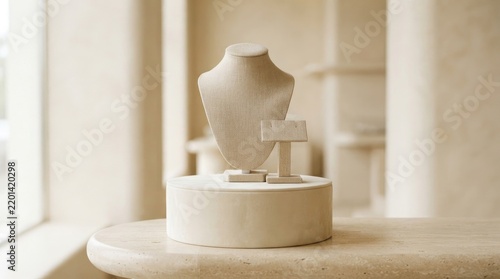 A beige mannequin with a necklace on a stone stand in a minimalist setting.