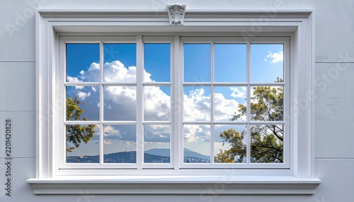 White window frame with four glass panes and classic architectural style