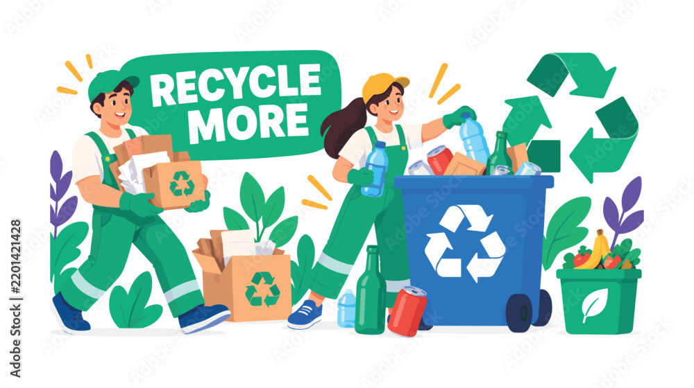 Fototapeta premium Recycling Waste Management — banner, lively asymmetric recycling scene with 2 expressive eco workers interacting with an oversized recycling bin and giant circular-arrow container mark, one character