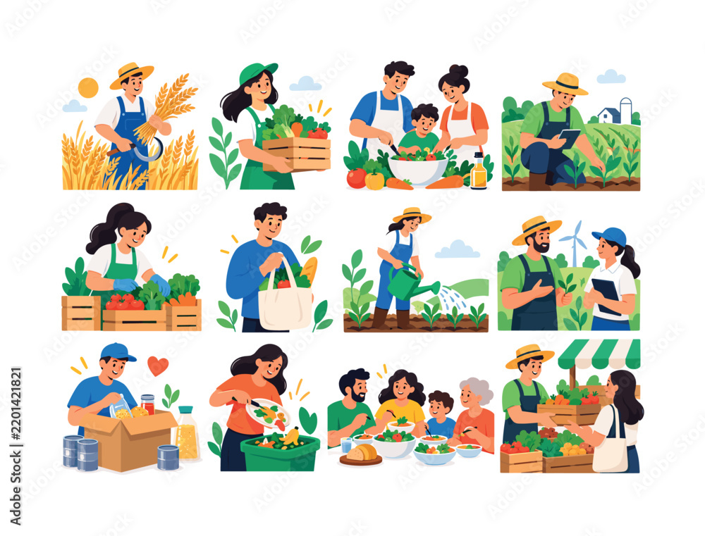 Fototapeta premium World Food Day. Food, agriculture, farming, grain, nutrition, sustainability and responsible food systems. 12 minimalist editorial vector scenes: Farmer harvests grain, Person carries a produce crate,