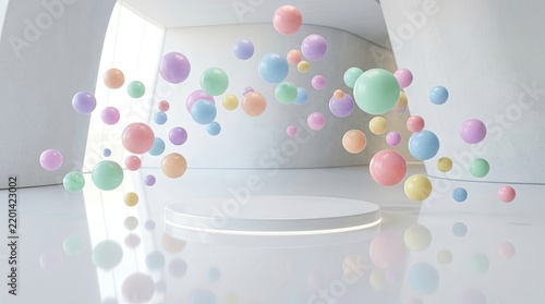 A white room with a round platform and colorful balloons floating around.