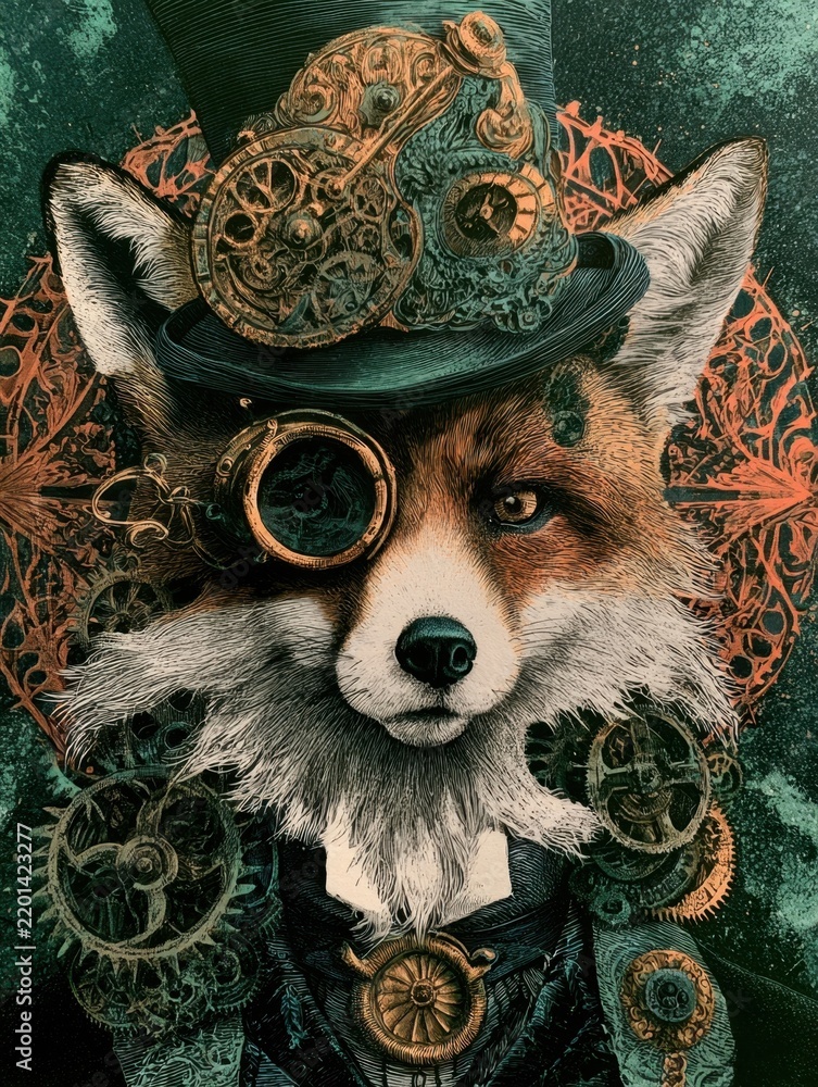 Fototapeta premium steampunk fox portrait wearing top hat monocle and complex bronze mechanical brass gears ornate vintage Victorian industrial fantasy animal artwork detailed dark gothic retro machinery engraving art