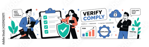 Audit Compliance Review — clean editorial banner, create 1 colorful editorial banner scene with 3 geometric audit professionals around an oversized checklist and shield, plus 5 supporting details