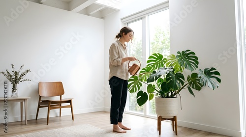 Woman watering a large monstera plant in a bright minimalist living room