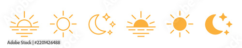 Yellow weather and astronomy icon set with sunrise sunset sun moon and star symbols in outline and solid styles vector illustration