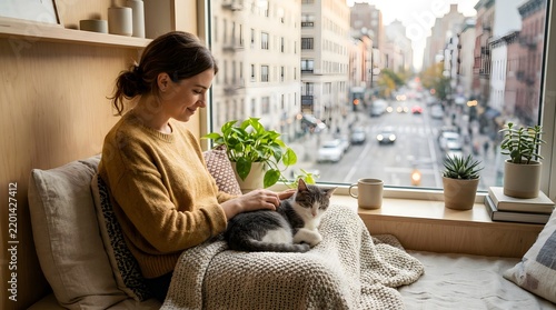 Young woman petting cat while sitting in cozy window nook overlooking city