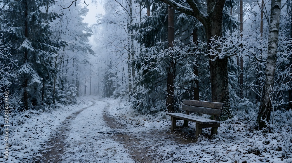 Fototapeta premium Empty wooden bench on a snowy forest path in winter.