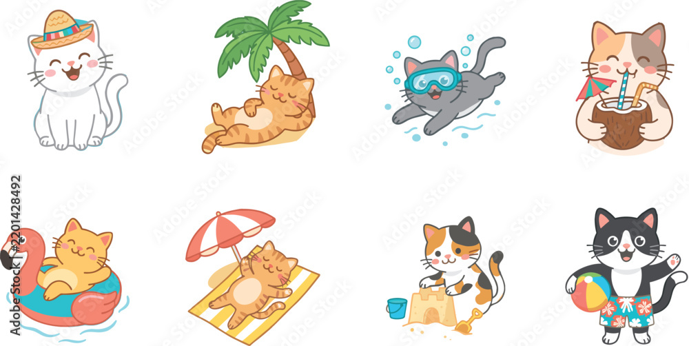 Obraz premium Cute Summer Cat Character Vector Set Featuring Kittens Relaxing on Beach Floating in Pool Building Sandcastles and Drinking Coconut Water for Vacation Designs