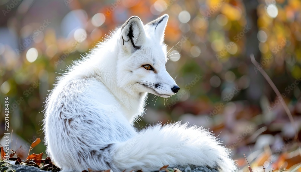 Fototapeta premium White nine-tailed fox kitsune sitting elegantly, Japanese folklore spirit animal