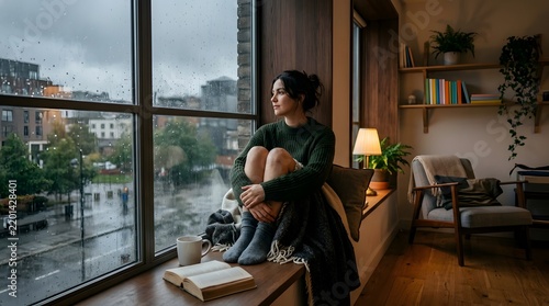 Young woman sitting on window ledge looking at rain in cozy room