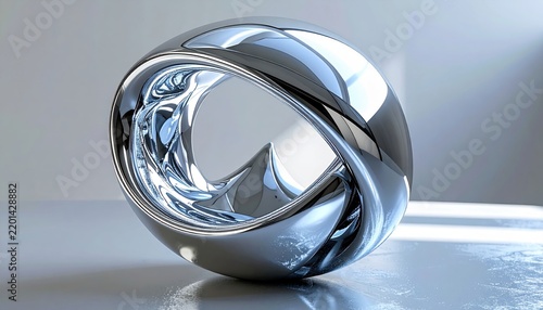 Chrome abstract metal sphere with shiny concave silver geometric surface