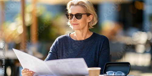 Mature woman reading newspaper outdoors