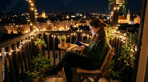 Young woman using smartphone on a cozy balcony overlooking city lights at night